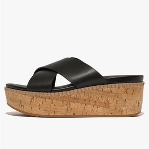 FitFlop Women’s Eloise Leather/Cork Wedge Cross Slides  Sandal Size 6
